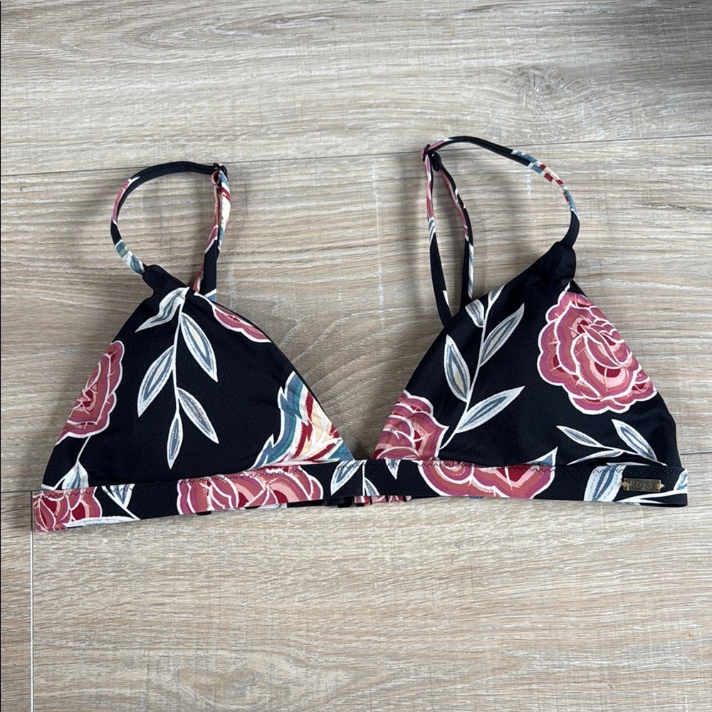 Roxy Black Bikini Top with Pink and White Floral Pattern